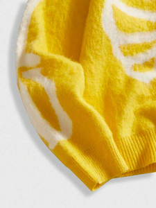 Sudadera con capucha y cremallera con estampado de costillas de esqueleto amarillo, de punto, manga larga, estilo urbano - Product Image 3