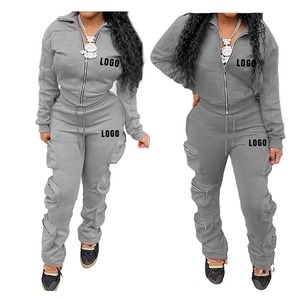 Conjunto Deportivo Gris para Mujer, Talla Grande, Sudadera con Cierre Completo, Pantalones Cargo, Ropa Casual, Color Sólido, Manga Larga, Atuendo Otoñal - Product Image 1