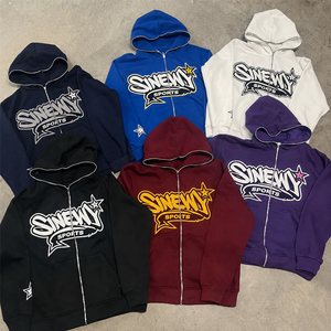 เสื้อฮู้ดผู้ชายแบบซิปเต็มตัว พิมพ์ลายโลโก้ตามสั่ง ขายส่ง สำหรับฤดูใบไม้ร่วง แบบเรียบสีพื้น ผลิตด้วยเทคนิคการย้อมสีแบบธรรมดา - Product Image 1