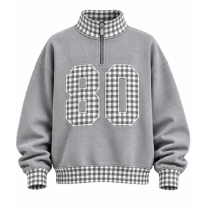 Women’s <b>Pink</b> Gingham 80 Quarter Zip Sweatshirt <b>Long</b> <b>Sleeve</b> Casual Pullover <b>Top</b> with Checkered Ribbed Collar Cuffs & Hem - Product Image 2