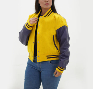 Veste universitaire en cuir véritable personnalisée grande taille pour femmes vêtements d'extérieur d'hiver Patchwork en tissu de laine longue pour le printemps - Product Image 4