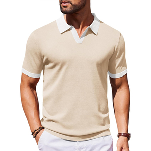 Chemise décontractée pour homme en coton tricoté noir à manches courtes, respirante, avec logo brodé sur le devant, col et poignets blancs - Product Image 2