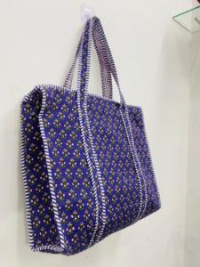Indian Handmade Quilted Cotton <b>Boho</b> Style Drawstring Closure Shoulder Straps Large Tote <b>Bag</b> Women Blue Reusable Shopper Bulk - Product Image 4