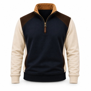 Custom Men's <b>Navy</b> Blue Quarter Zip Fleece <b>Sweatshirt</b> Beige Raglan Sleeves Stand Collar Casual Winter Pullover - Product Image 1