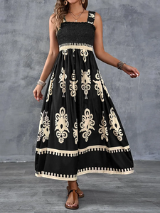 Bohemian Ethnic Print Shirred Bust Maxi Dress Elegant A-Line Sleeveless Square Neck Casual Wear Embroidery <b>Sundress</b> - Product Image 2