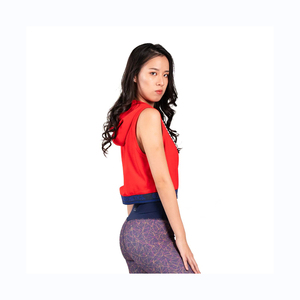 Women <b>Red</b> Sleeveless Hooded Crop Top Knitted Breathable Solid Color Summer Wear 100% Polyester Sweatshirt Style - Product Image 3
