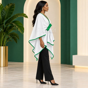 Poncho asymétrique Cosh International Sorority Sisterhood blanc avec bordure verte, col en V, manches chauve-souris, longueur midi, fermeture à ceinture, uni - Product Image 3