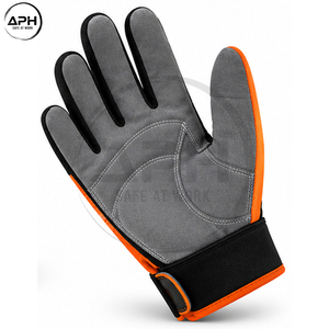 Gants de tronçonneuse gris, noir et orange avec panneaux géométriques sur la paume, dos en tissu texturé, sangle réglable, logo personnalisé, vente en gros - Product Image 5