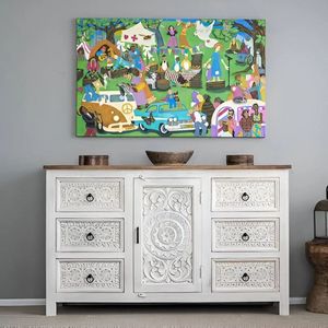 Carved Solid Wood Farmhouse Dining <b>Sideboard</b> Cabinet 6 Drawer <b>Storage</b> Console Freestanding Entryway Living Room Buffet 4 ft - Product Image 1
