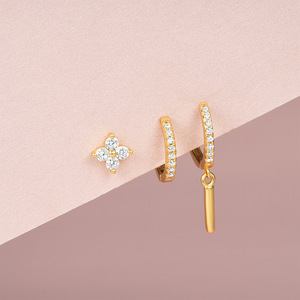Juego de pendientes asimétricos con forma de estrella, aro CZ, colgantes, oro, plata, S925 - Product Image 3