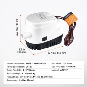Pompe à eau de cale submersible automatique 12V 1100 GPH avec interrupteur à flotteur et diamètre de sortie de 1,1 po pour petits bateaux - Product Image 3
