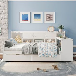 Multi-Functional L-Shaped Wooden Daybed with Seven Storage Cabinets and Two Drawers Includes Built-In Study Desk - Product Image 1