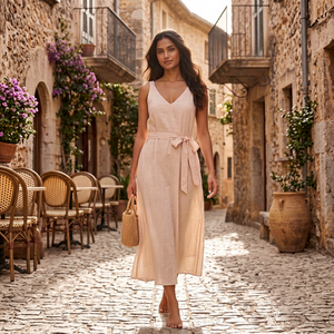 Boho V-Neck Sleeveless Maxi <b>Dress</b> with Belt <b>Loose</b> Fit Breathable 100% Rayon Crepe Solid Sweet Cute Summer Casual Wear - Product Image 1