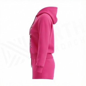 Ensemble short 2 pièces rose à capuche pour femme, imprimé géométrique, en polaire, décontracté, coupe ample, au-dessus du genou, imprimé numérique, printemps-été - Product Image 3