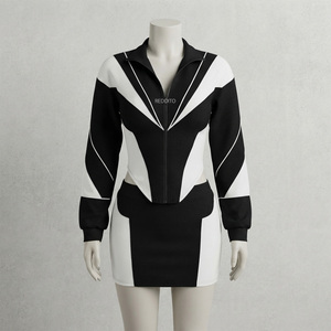 Conjunto de 2 Piezas para Mujer, Estilo Urbano, Color Negro y Blanco, Manga Larga, Cuello Alto con Cierre, Tejido de Punto, Corte Regular, Ropa de Invierno, 100% - Product Image 1