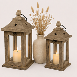 Wholesale <b>Set</b> of 2 Rustic Wooden <b>Lanterns</b> with Glass Panels Distressed Brown Farmhouse Decorative Candle Holder for Garden Decor - Product Image 4
