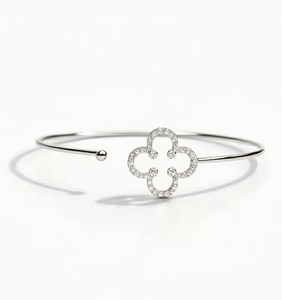 Fine 10K 14K 18K Solid Gold Round Lab Grown Diamond <b>Clover</b> Bangle Thin Floral Charm Dainty Stacking Quatrefoil Adjustable Bangle - Product Image 4