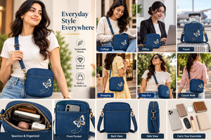 Women's Denim Crossbody <b>Bag</b> with Butterfly Embroidery Zipper Closure Classic Style All Seasons Daily Use Polyester Lining Travel - Product Image 5