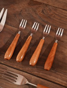 Wood Handle Forks Set Stainless Steel Minimalist Design High Mirror Polish Durable <b>Flatware</b> for Wedding - Product Image 1