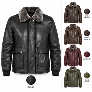 Women Genuine Leather Bomber <b>Jacket</b> Sheepskin <b>Lined</b> <b>Fur</b> Collar Windproof Winter Outerwear Full Sleeve Solid Color - Product Image 3