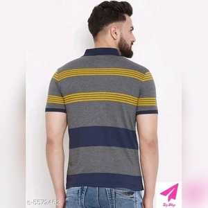 เสื้อโปโลผู้ชายลายทางสีเทา แขนสั้น กระดุมติด คอปก แต่งสีตัดกัน ผ้าถัก สไตล์ลำลอง - Product Image 6