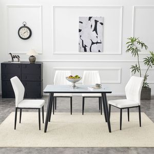 Tavolo da Pranzo Moderno Bianco con Effetto Marmo, Piano in Vetro, Base Inferiore in MDF Nero e Gambe in Metallo Nero, Set Tavolo e Sedie - Product Image 2