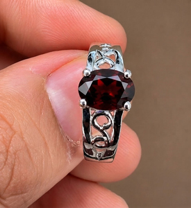Rhaya Jewels Vintage Elegant Engagement Rhodium Plated 925 Sterling Silver Oval Cut Garnet Prong Setting Dainty Band <b>Ring</b> Unisex - Product Image 1