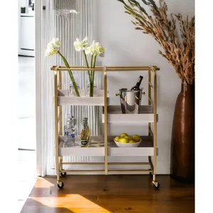 Organisateur de cuisine roulant en métal fait main de qualité supérieure avec un design luxueux et contemporain, étagères spacieuses, en acier doré durable - Product Image 3