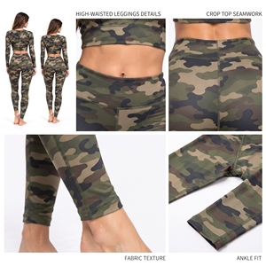 Ensemble de vêtements de sport pour femmes, haut court à manches longues imprimé camouflage, leggings de compression, tenue de yoga longue, ensemble haut court - Product Image 6