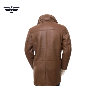 Veste de moto longue en cuir PU marron pour homme, doublure en fausse fourrure, col montant, fermeture éclair, coupe-vent, hiver, vintage, décontractée - Product Image 2
