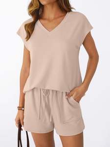 Conjunto de verano de dos piezas para mujer, estilo top deportivo de uso diario, diseño de cintura alta elástica. - Product Image 2