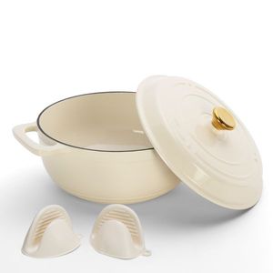 Ceramic White 5QT Cast Iron Dutch Oven with Two Silicone Gloves Enamel Cooking Pot - Product Image 4