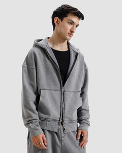 Oversized Soft Washed Gray Hooded <b>Zip</b> <b>Up</b> <b>Jacket</b> Silver Metal Zipper Symmetrical Pockets Ribbed Cuffs Streetwear Men <b>Jacket</b> - Product Image 1