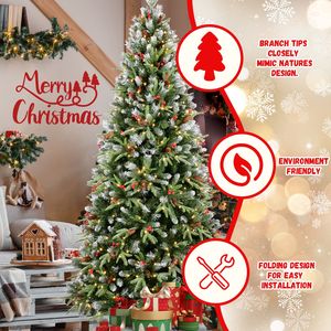 Árbol de Navidad Artificial Iluminado de 2.13 m con 2178 Ramas de PE/PVC Premium, 450 Luces, Piñas, Bayas Rojas y Base Metálica Plegable - Product Image 6