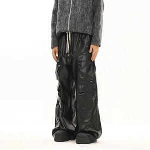 Personalized Fashionable Micro-curved <b>Jeans</b> for <b>Men</b> Retro Pleated Yellowish-brown Leather Motorcycle Pants American Trendy Brand - Product Image 2