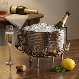 Seau à glace en métal martelé avec poignée singe et support en forme de feuille, refroidisseur à champagne rond de luxe isolé - Product Image 5