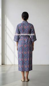 Exquisite Flock Print Indigo Cotton Summer Casual Knitted Robe Ankle <b>Length</b> <b>Dressing</b> <b>Gown</b> 100% Premium Soft Cotton Kimono - Product Image 2