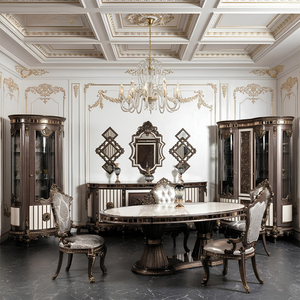 High End Dark <b>Brown</b> Wood Luxury European Dining Room Set Hand Carved Oval Dining <b>Table</b> with Buffet Glass Wine Cabinet - Product Image 4