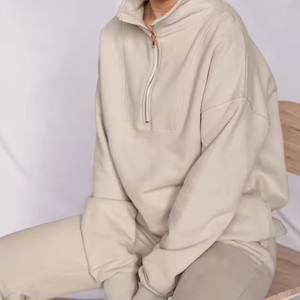 เสื้อสเวตเชิ้ตผ้าฟลีซคอตั้งทรงโอเวอร์ไซส์สำหรับผู้หญิง มีซิป แขนยาว สีพื้น ใส่ได้ในฤดูใบไม้ร่วง ระบายอากาศได้ดี ผลิตจากผ้าฝ้ายผสมสแปนเด็กซ์ - Product Image 3