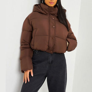 Chaqueta Acolchada con Capucha para Mujer, Color Marrón, Corta, Manga Larga, Abrigo de Invierno, Cierre de Cremallera, Cuero PU Fino - Product Image 6