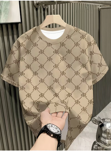 เสื้อยืดคอกลมแขนสั้นพิมพ์ลายโมโนแกรมสีเบจสำหรับผู้ชาย ทรงโอเวอร์ไซส์ ลำลอง ลายเรขาคณิต ผ้าทอ แฟชั่น สวมใส่สบาย - Product Image 5