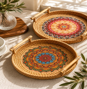 Plateau rond en rotin tissé à la main avec base à motif à carreaux noirs et poignées latérales rayées, disponible à prix de gros. - Product Image 3
