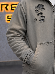 Sweat à capuche zippé pour homme, style streetwear, délavé soleil, effet usé, broderie, délavage acide, épais, avec strass, fabrication sur mesure - Product Image 5