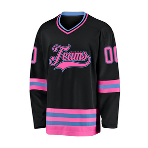 Wholesale Custom Ice Hockey Jersey V-Neck Full Sleeve Sublimated Print Teams Logo <b>Black</b> Pink Blue Mesh Adult Unisex Apparel - Product Image 1