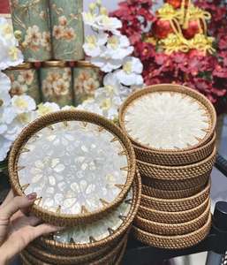 Spring Flower Round Handmade Rattan Mother Pearl Serving Tray Coffee <b>table</b> tray Decorative tray Tea tray Cocktail tray - Product Image 3