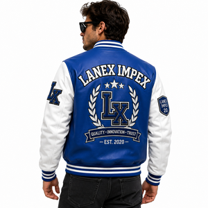 OEM Custom Baseball Letterman <b>Jacket</b> Blue & White with Chenille Embroidery PU Leather Sleeves Snap Button Closure Unisex <b>Jacket</b> - Product Image 4