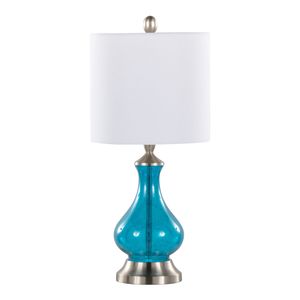 Lámpara de Mesa Contemporánea Jasmine de 22 Pulgadas con Detalles de Vidrio, Cristal Azul Zafiro Transparente, Acabado en Níquel Cepillado, Pantalla de Lino Blanco, Estilo Elegante - Product Image 1