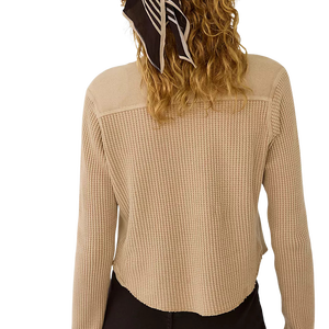 Women's Beige Waffle Long Sleeve O-Neck <b>Top</b> Casual Solid Color Breathable Regular Fit Full Sleeve Stylish <b>Top</b> - Product Image 2