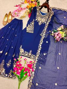 Elegante Conjunto Tradicional de Tres Piezas de Kurti de Georgette de Secado Rápido con Pañuelo Sarara Completamente Cosido para Fiesta o Boda - Product Image 2