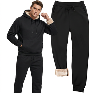 Conjunto Deportivo de Sudadera con Capucha y Pantalones de Chándal para Hombre, Forro Polar Negro, Ropa Casual de Invierno, Manga Larga, Color Sólido, Pantalones con Cordón - Product Image 2